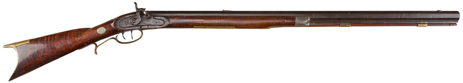 Red McCombs | Henry Leman Half Stock Percussion Lancaster Rifle: Manufacturer: Henry E. Leman-Lancaster, PA (c. Model: half-stock Plains rifle Caliber: 38 cal. Barrel Length: 32 in. OAL: 48.25 in. Condition: Good-antique; wood stock has moderate wear & pa