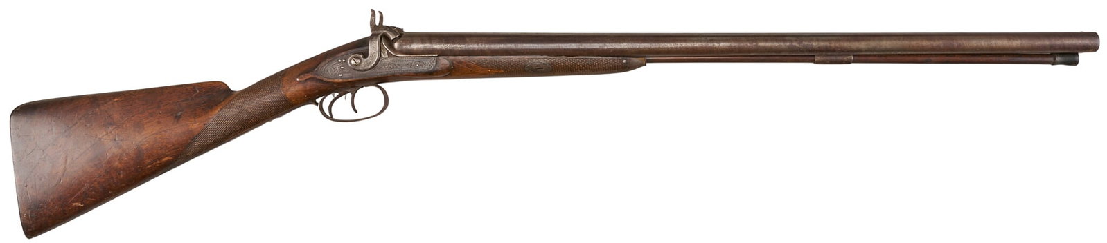 Red McCombs | Antique Wilson & Evans California Percussion SXS Shotgun: Manufacturer: Wilson & Evans Makers-Sacramento, CA (c. mid 19th c.) Model: percussion SXS Caliber: 12 gauge Barrel Length: 27 in. OAL: 43.75 in. Condition: Good-antique; wood stock has moderate we