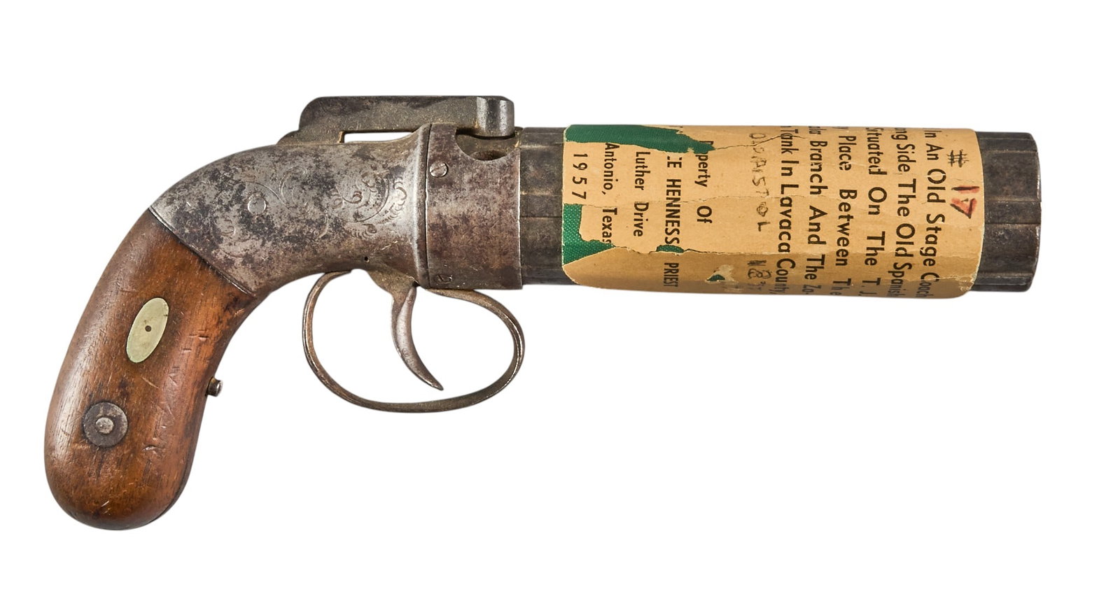 Red McCombs | Allen's Patent 1837 Pepperbox Purportedly Found in a TX Stagecoach Station: Manufacturer: Allen & Thurber Model: 6 Barrel Pepperbox Caliber: approx. 30 Barrel Length: 4.25 in. OAL: 8.25 in. Condition: Fair/good-antique; pressure dents & gouges on grips; oxidation with