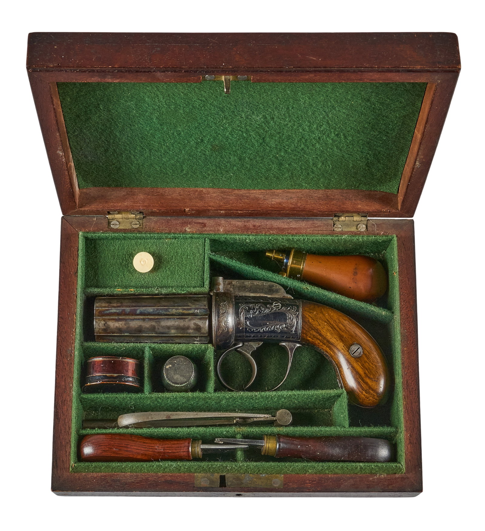 Red McCombs | Cased & Engraved English Pepperbox Pistol W/ Accoutrements: Manufacturer: unknown English maker (c. mid-19th c.) Model: Pepperbox pistol Caliber: 35 cal. Barrel Length: 3 in. OAL: 7.625 in. Condition: Very good-antique; wood grips have light handling marks; ba