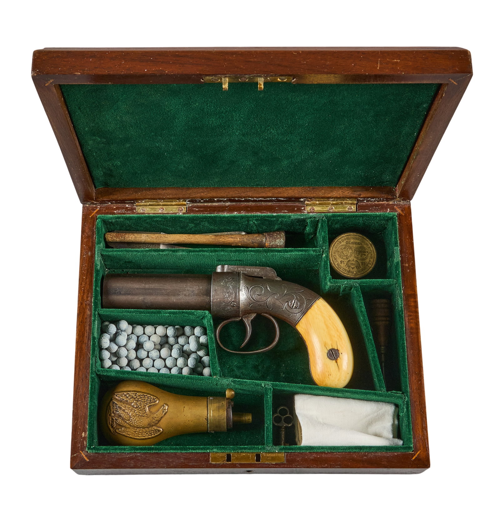 Red McCombs | Cased Allen & Thurber 6-Barrel Pepperbox Pistol: Manufacturer: Allen & Thurber-Worcherster, Mass. (c. mid-19th c.) Model: 6-Shot Pepperbox pistol Caliber: 31 cal. Barrel Length: 3.25 in. OAL: 7.25 in. Condition: Good-antique condition Includes: 