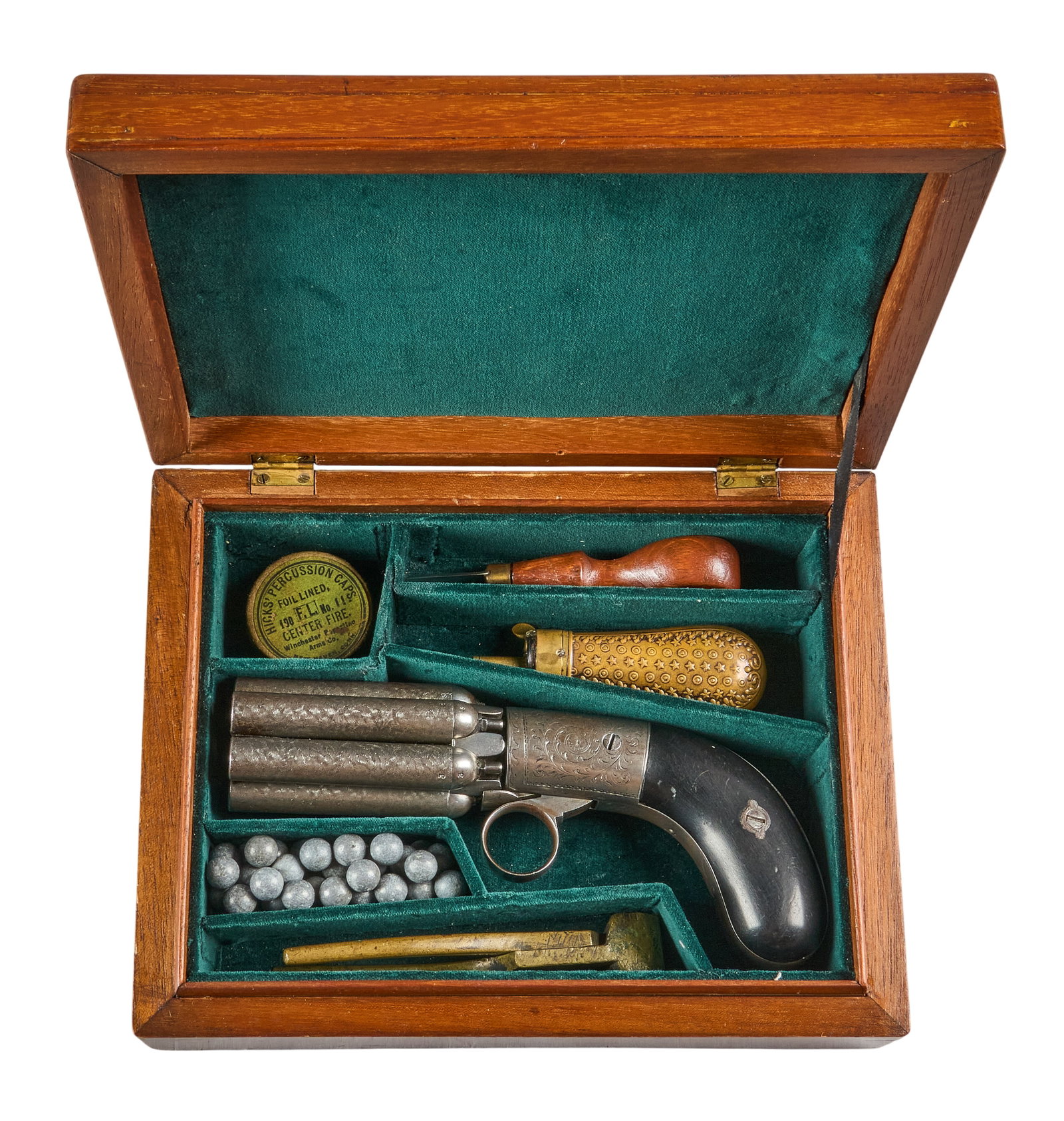 Red McCombs | Cased Gueury Brevete Six Barrel Ring Trigger Pepperbox: Manufacturer: Gueury-Belgium Model: 6 Barrel Pepperbox Caliber: 36 OAL: 7.25 in. Condition: Very good-antique; very light wear & light pitting; mechanically very good Includes: scroll engraving;