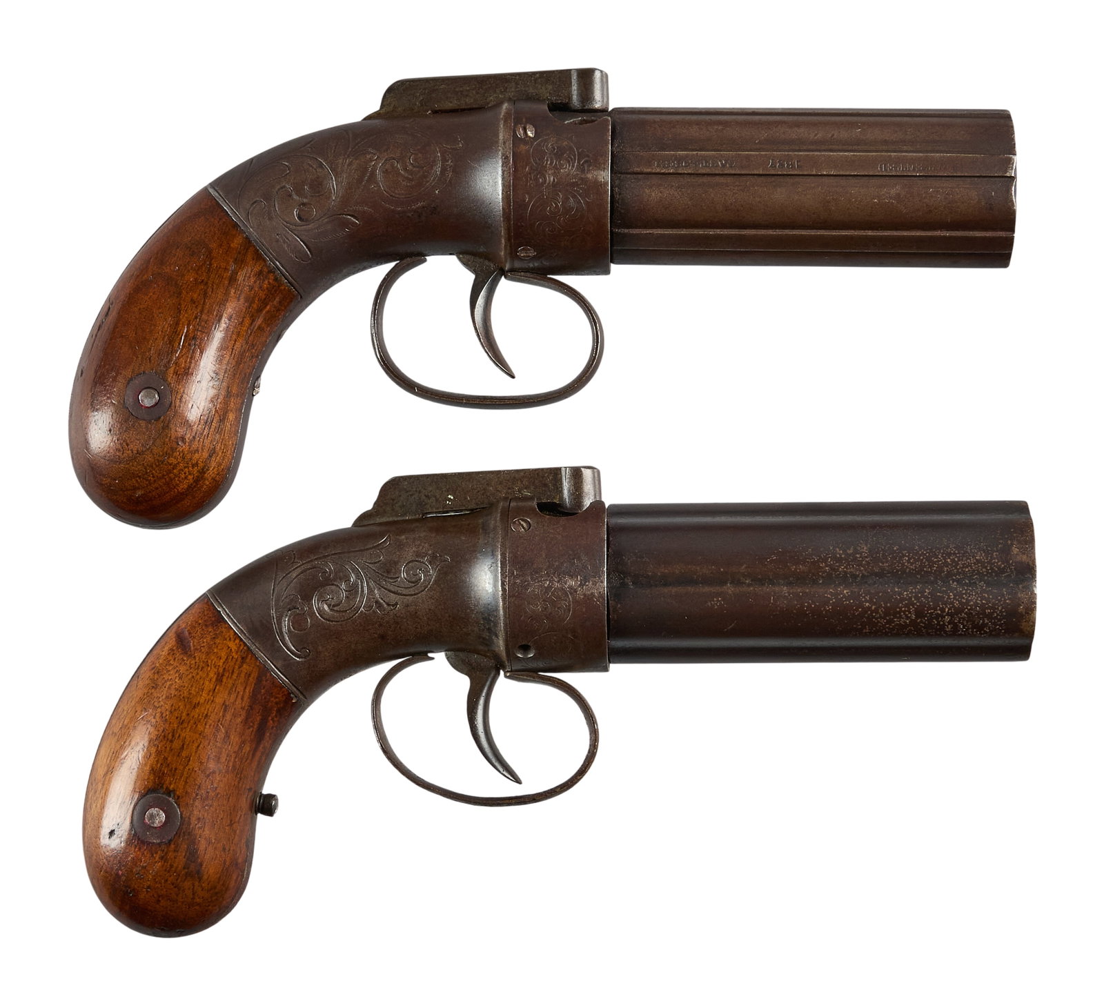 Red McCombs | Pair of Allen's Patent Pepperbox Pistols in Case: Manufacturer: Allen & Thurber Model: Allen's Patent Pepperbox Caliber: 31 OAL: 7.5 in. Condition: Good-antique; grips are lightliy worn; (1) brown patina with light pitting throughout; (2)