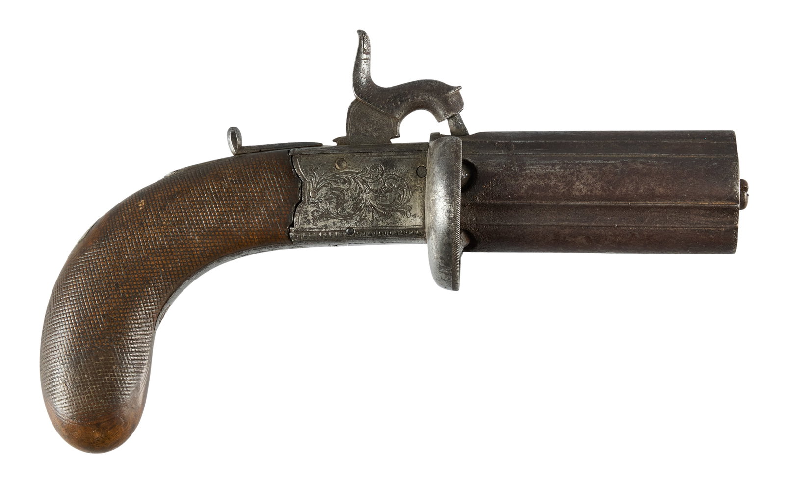 Red McCombs | English Tipping & Lawden 5 Barrel Pepperbox Pistol: Manufacturer: Tipping & Lawden-London Model: Percussion 5 barrel Pepperbox Caliber: approx. 36 Barrel Length: 3 in. OAL: 7.5 in. Condition: Fair/good-antique; light scratches & pressure dents