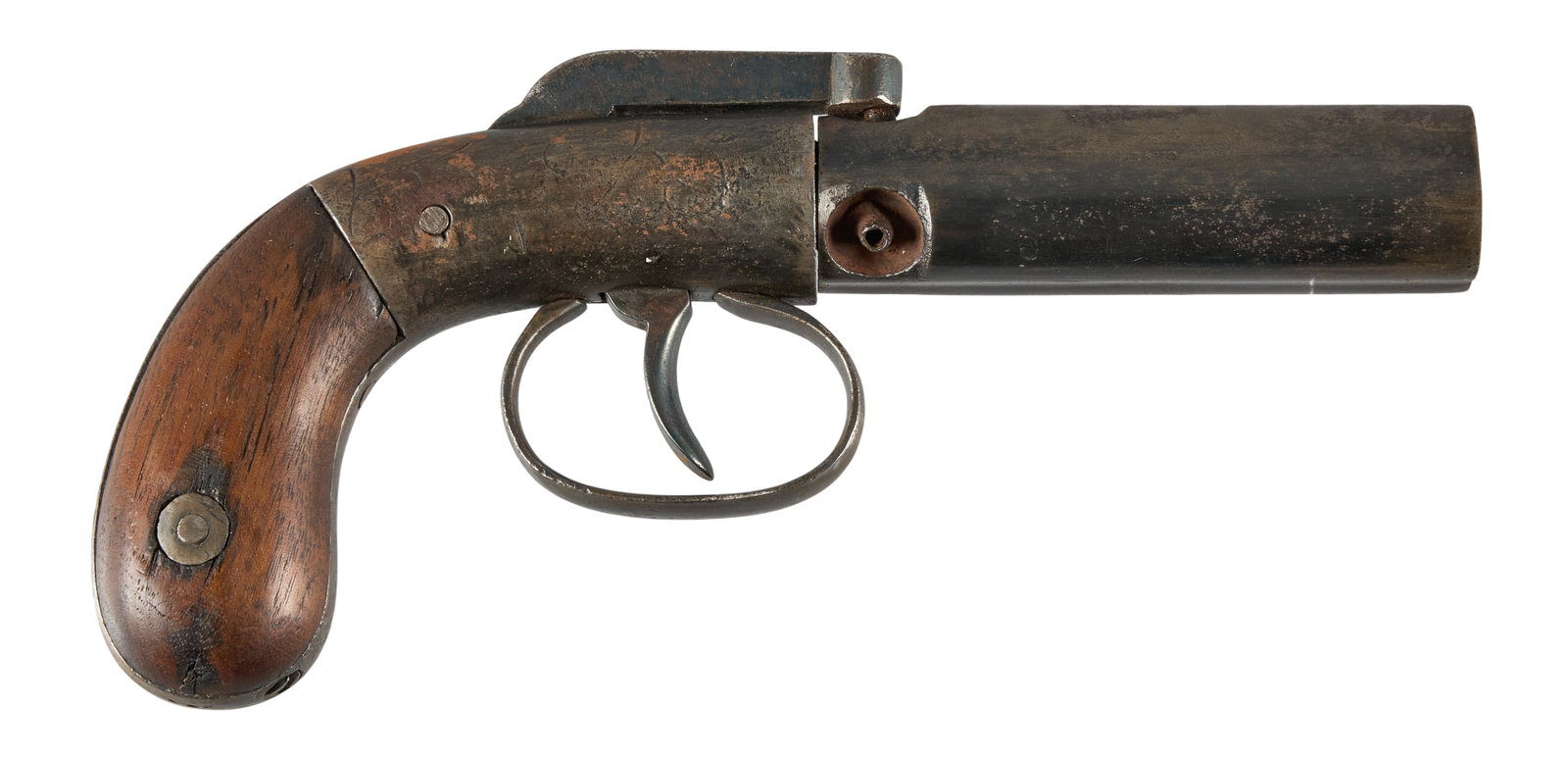 Red McCombs | Rare Manhattan F.A. Mfg. Co. 3 Barrel Percussion Derringer: Serial: 155 Manufacturer: Manhattan F.A. Mfg. Co.-New York Model: Pepperbox Caliber: 28 Barrel Length: 3 in. OAL: 6.25 in. Condition: Good-antique; some light scratches & pressure dents on grips; 