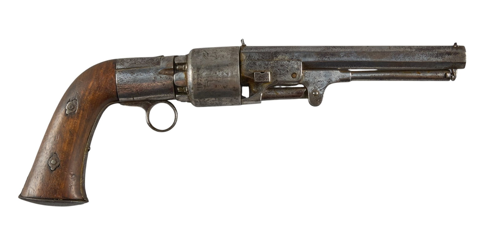 Red McCombs | Custom Transitional Pepperbox-Revolver Conversion: Model: Transitional Pepperbox-Revolver Caliber: 44 OAL: 13.5 in. Condition: Fair-antique; metal surface has been completely polished, heavy scattered pitting; mechanically Includes: scroll engra