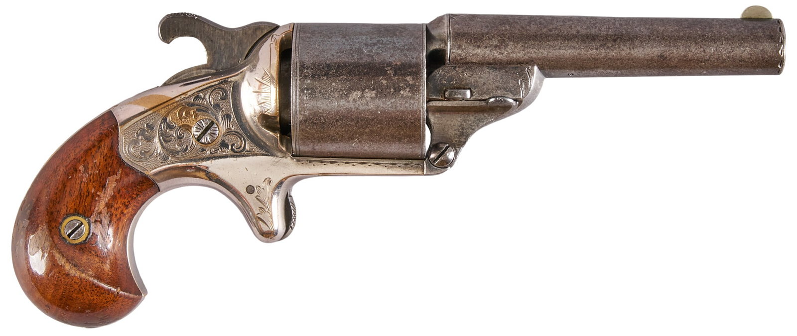 Red McCombs | Moore's Patent Teat Fire .32 Caliber Revolver in Case: Serial: 2348 Manufacturer: Moore's Patent Fire Arms Co. (c. 1864) Model: "Teat fire" revolver Caliber: 32 Teat Fire OAL: 7 in. Condition: Good-antique; wood grips have light wear to