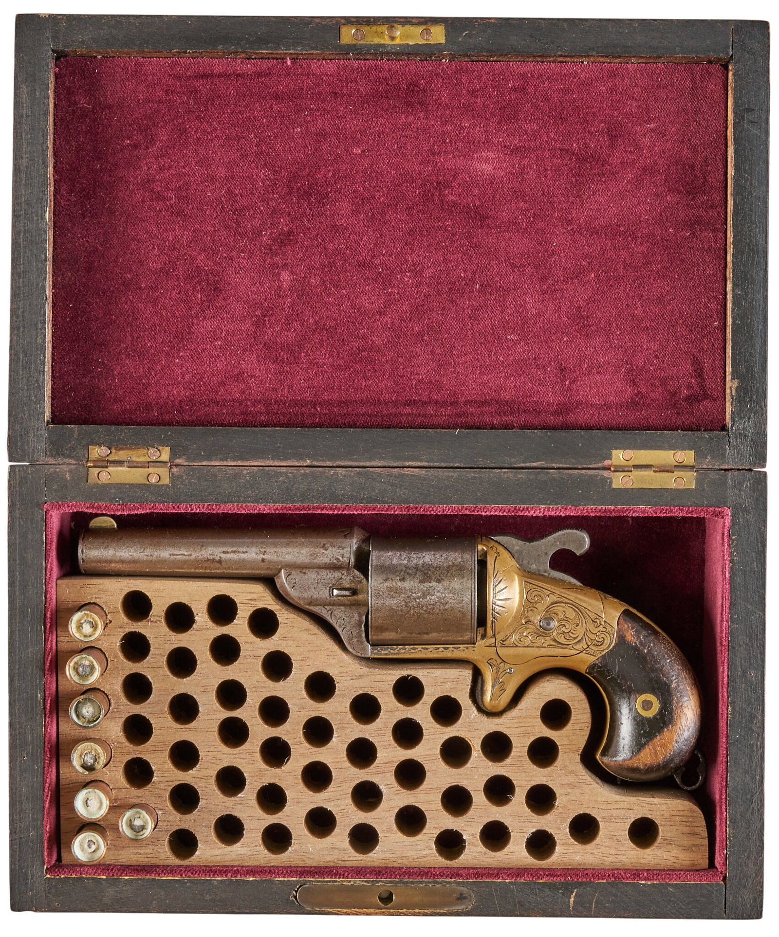 Red McCombs | Cased Moore's Patent 32 "Teat-Fire" Front-Loading Revolver: Serial: 11317 Manufacturer: Moore's Patent Fire Arms Co. (c. 1864-1870) Model: "Teat Fire" revolver Caliber: 32 Teat Fire Barrel Length: 3.25 in. OAL: 7 in. Condition: Good-antique;