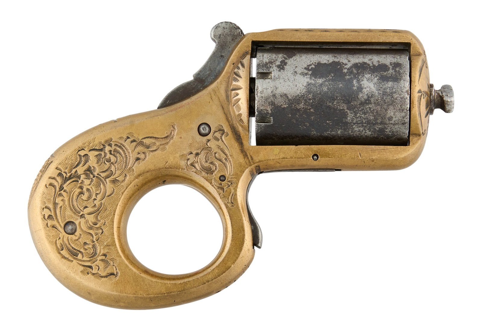 Red McCombs | Antique Cased James Reid "My Friend" Knuckle Duster Revolver W/ Ammo Box: Serial: 15712 Manufacturer: James Reid (c. 1881-1882) Model: "My Friend" Knuckle-Duster Caliber: 22 Short Barrel Length: N/A OAL: 4.875 in. Condition: Good-antique; brass frame