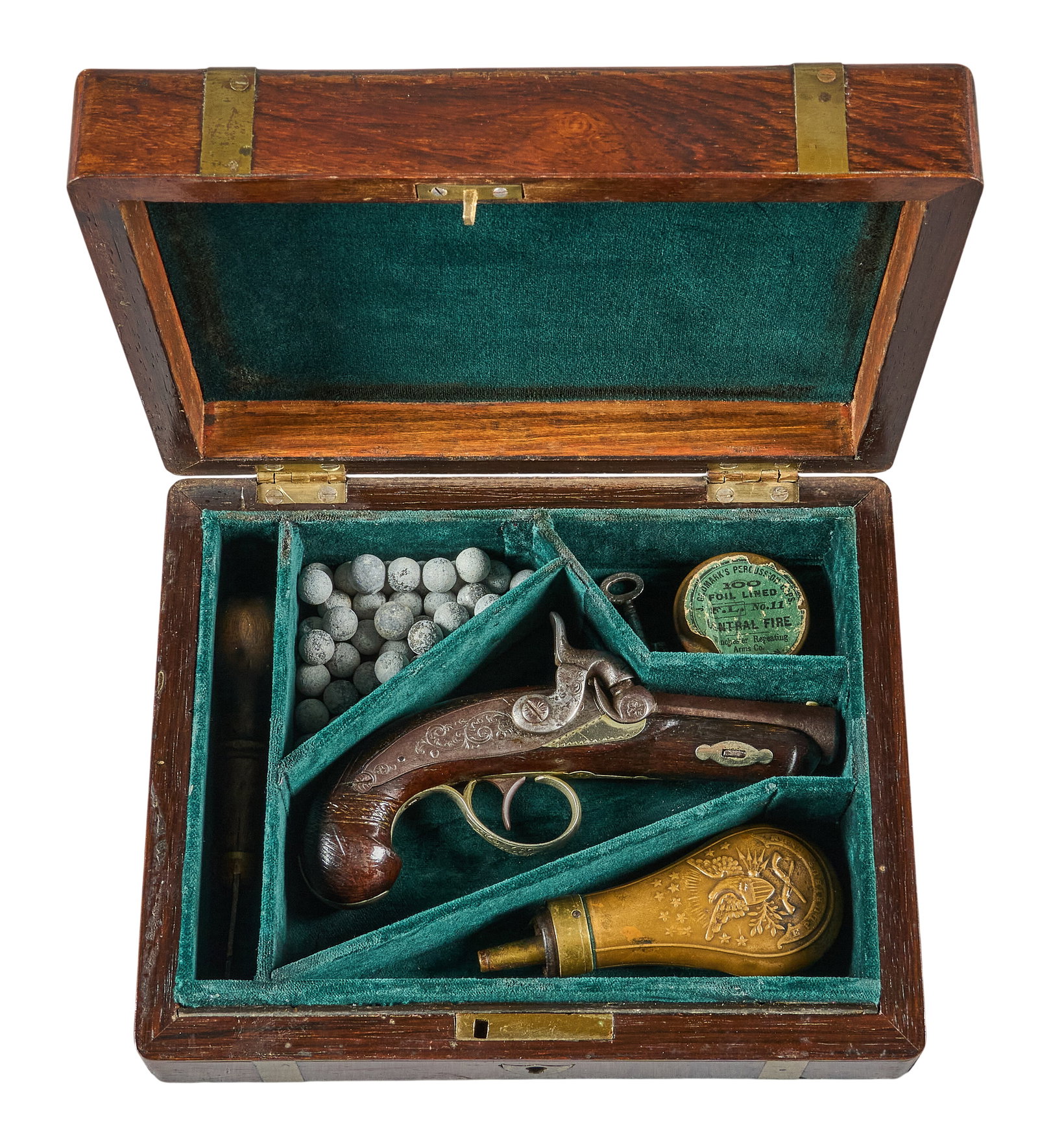 Red McCombs | Cased German Silver Mounted "Deringer" Pocket Pistol W/ Accoutrements: Manufacturer: unknown (possible Henry Deringer-Phila, PA) (c. early-mid 19th c.) Model: Deringer Caliber: 38 cal. Barrel Length: 2 in. OAL: 5.75 in. Condition: Good-antique; wood stock has moderate we