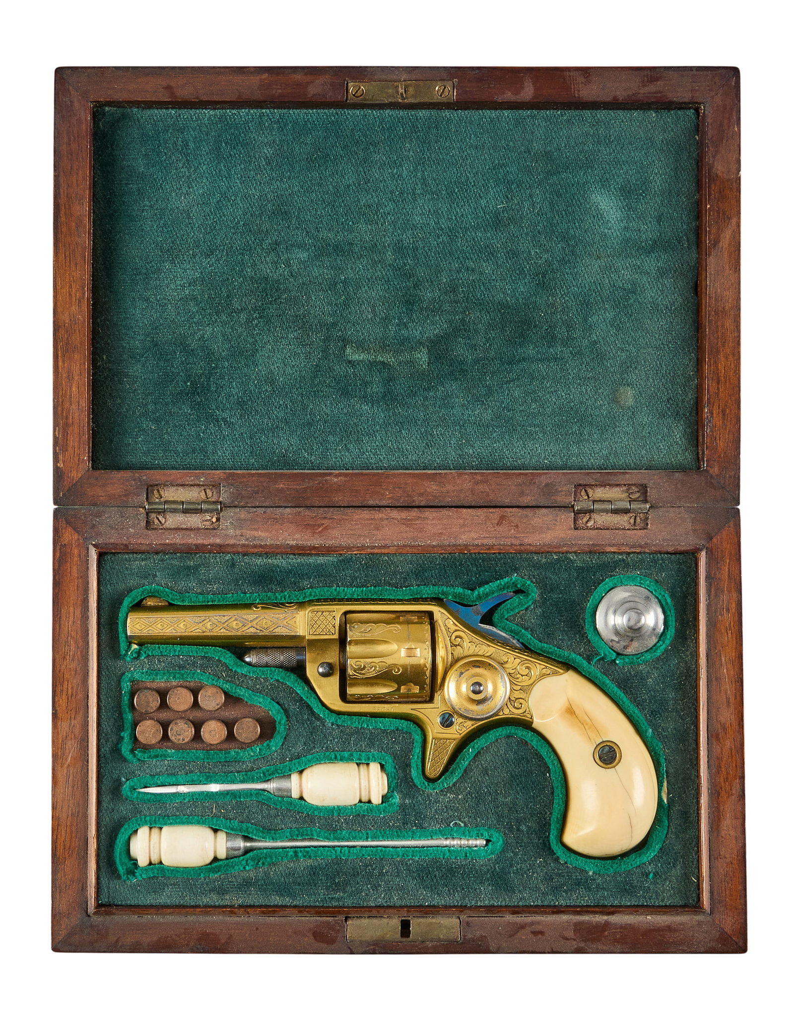 Red McCombs | Fine Cased Engraved & Gold Plated First Year Colt New Line 22 Revolver: Serial: 549 Manufacturer: Colt's PT. F.A. Mfg. Co. (c. 1873) Model: New Line (First Model) Caliber: 22 RF Barrel Length: 2.25 in. OAL: 5.5 in. Condition: Very good-antique; bone grips have
