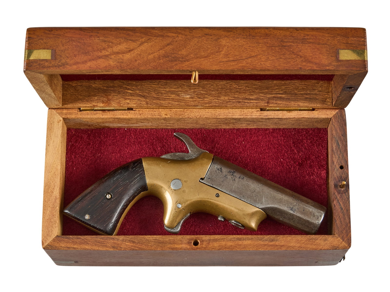 Red McCombs | Antique No Makers Mark Southerner 41 RF Derringer in Case: Serial: 1643 Manufacturer: (unmarked) Merrimack Arms or Brown Mfg. (c. 1867-1873) Model: Southerner Caliber: 41 RF Barrel Length: 2.5 in. OAL: 4.75 in. Condition: Good-antique; wood grips have moderat