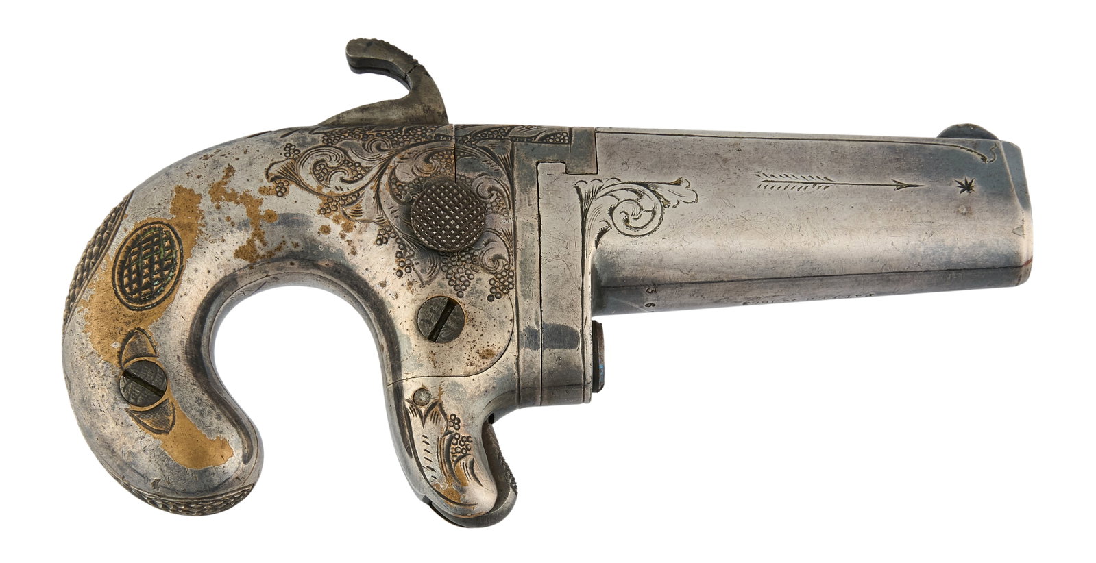 Red McCombs | Antique Silver-Plated Moore's Patent No. 1 41 RF Derringer W/ Italian Inlaid Case: Serial: 3671 Manufacturer: Moore's Pat. F.A. Co. (c. Model: No. 1 Caliber: 41 RF Barrel Length: 2.5 in. OAL: 5 in. Condition: Very good-antique; silverplate finish throughout has moderate