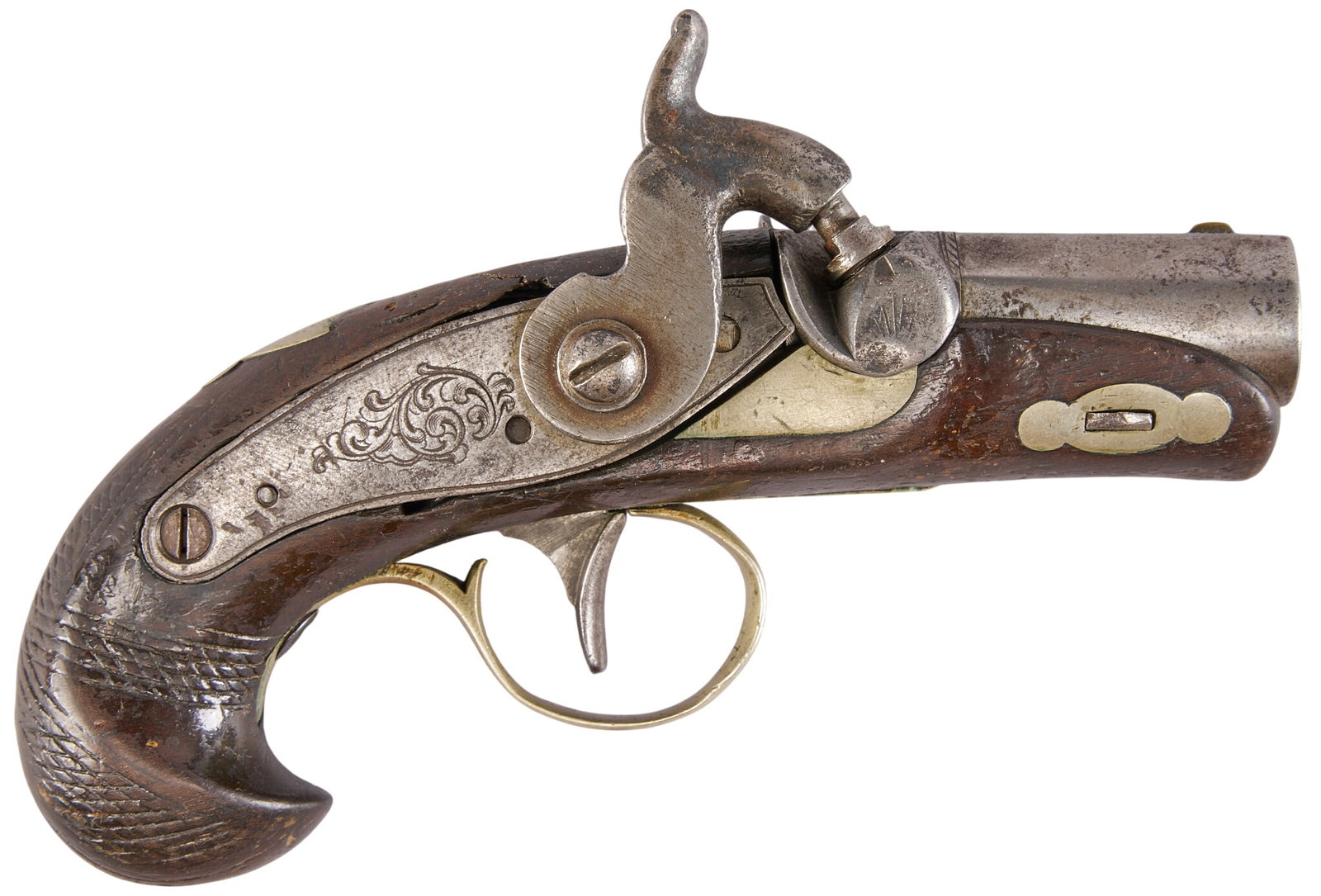 Red McCombs | Silver Mounted Percussion Derringer: Model: Percussion Pocket Pistol Caliber: 41 OAL: 5 in. Condition: Fair/good; sporadic oxidation & scattered light pitting; mechanically functional Includes: silver inlay Marked: foliate scrollwork