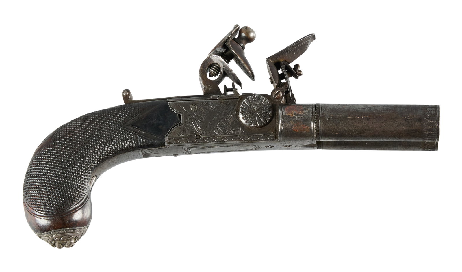 Red McCombs | Spencer London Double Barrel Flintlock Derringer: Manufacturer: Spencer/London Model: double barrel flintlock pistol Caliber: Approx. 38 Barrel Length: 2 in. OAL: 6.5 in. Condition: Fair/good-antique; some pressure dents & faint scratches; sporad