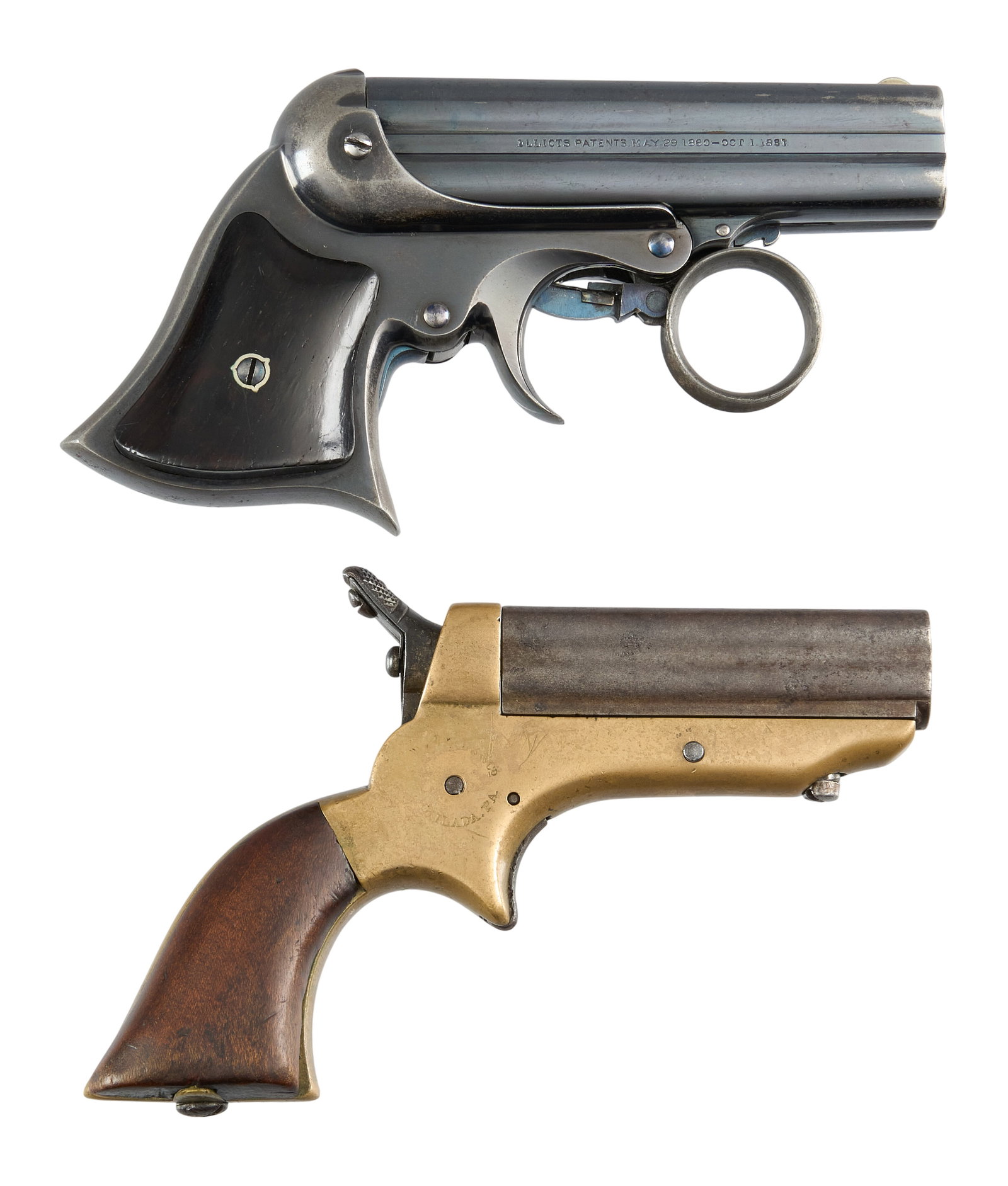 Red McCombs | Cased Remington Ring Trigger Derringer & Sharps Pepperbox Set: 1) E. Remington & Sons Elliot's Four-Shot "Ring Trigger" 32 RF derringer; walnut grips; SN-19753 Condition: Very good-antique; wood grips have light wear & scratches; barrel &