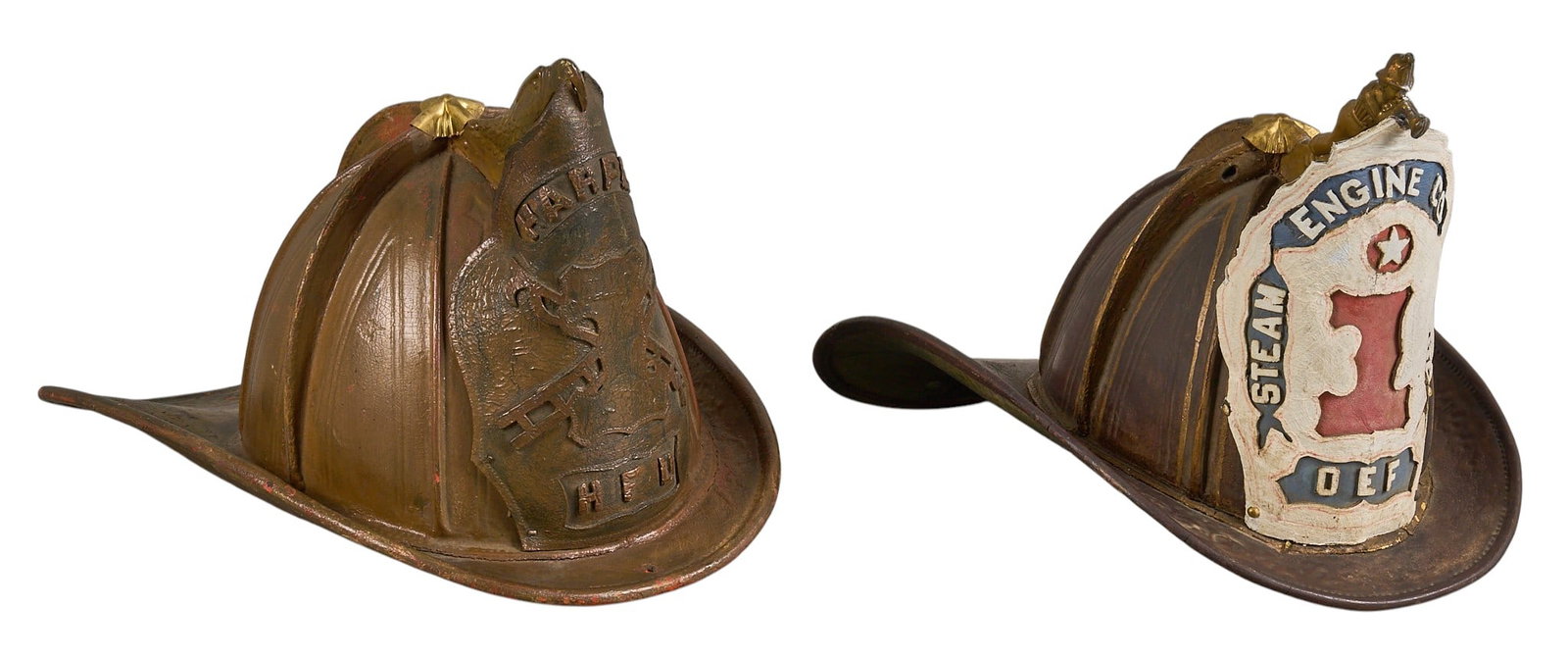 Red McCombs | Collection of (2) Antique Firemen's Hats: Two antique fireman's hats, one featuring hand-painted scene of a house fire, circa 1800s height 9.5 in. x width 9.5 in. x depth 13.5 in. / largest Provenance: Property from the personal