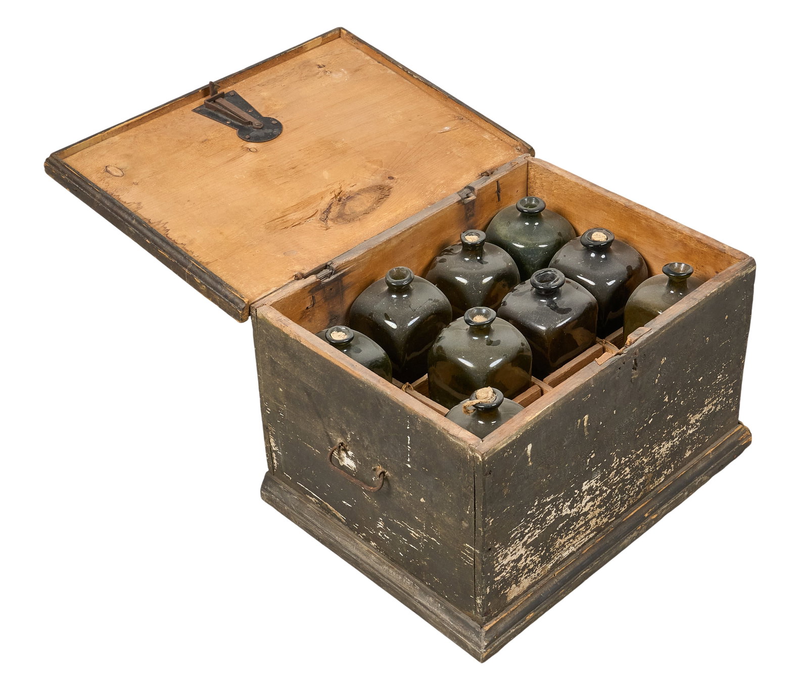 Red McCombs | Revolutionary Era Box of Gin Bottles: Antique Revolutionary Era case of glass gin bottles, circa 1765-1783, includes institution placard height 12.5 in. x width 20 in. x depth 15 in. Provenance: Property from the personal estate col