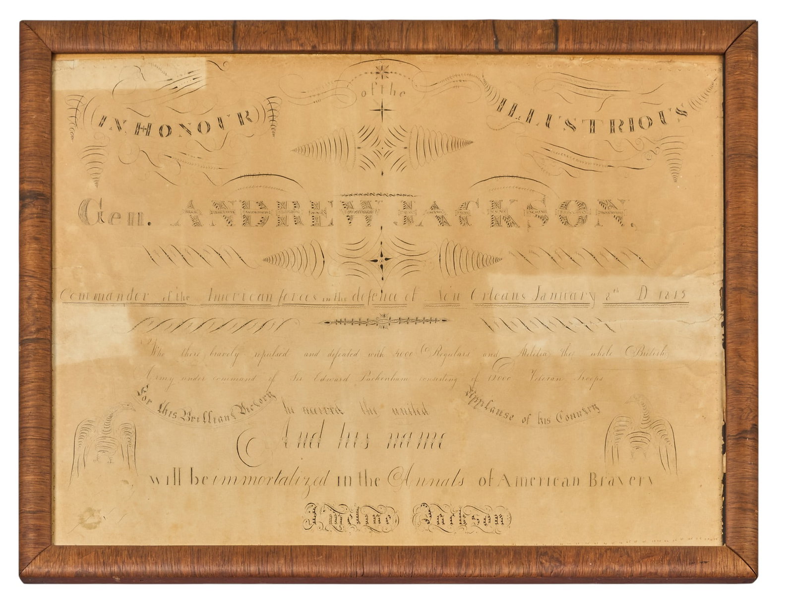 Red McCombs | Early 1800s Calligraphy Example: Original calligraphy example from young girl dedicated to General Jackson's victory over the British at New Orleans in 1815, circa early 19th century, includes printed placard height 16