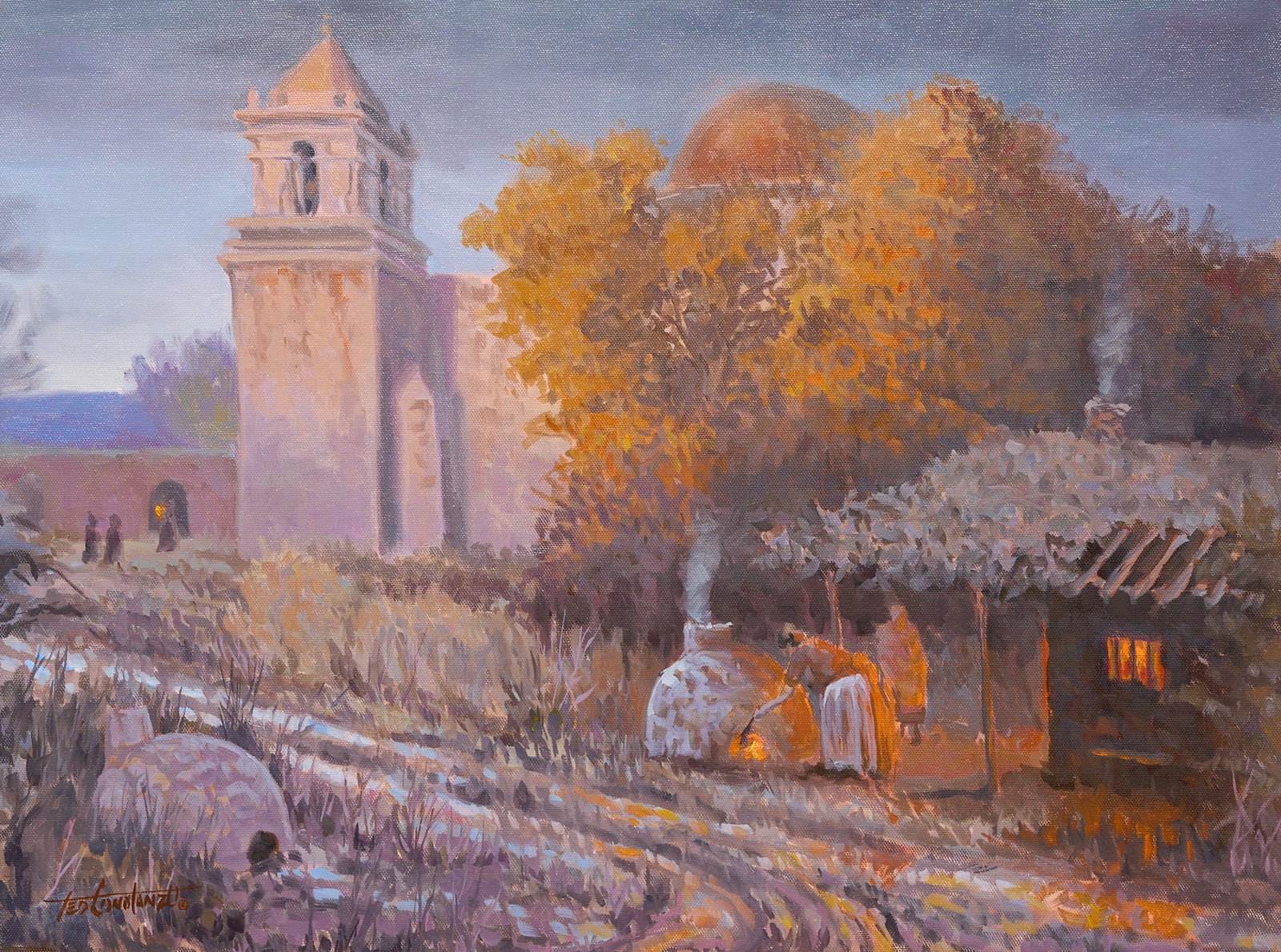 Red McCombs | Ted Constanzo, "San Jose Evening": Ted Constanzo (Texas, b. 20th C.), "San Jose Evening", oil on canvas, signed lower left, Alamo Kiwanis Club Western Art Show and Sale label on the verso sight: 18 x 24 in., frame: 