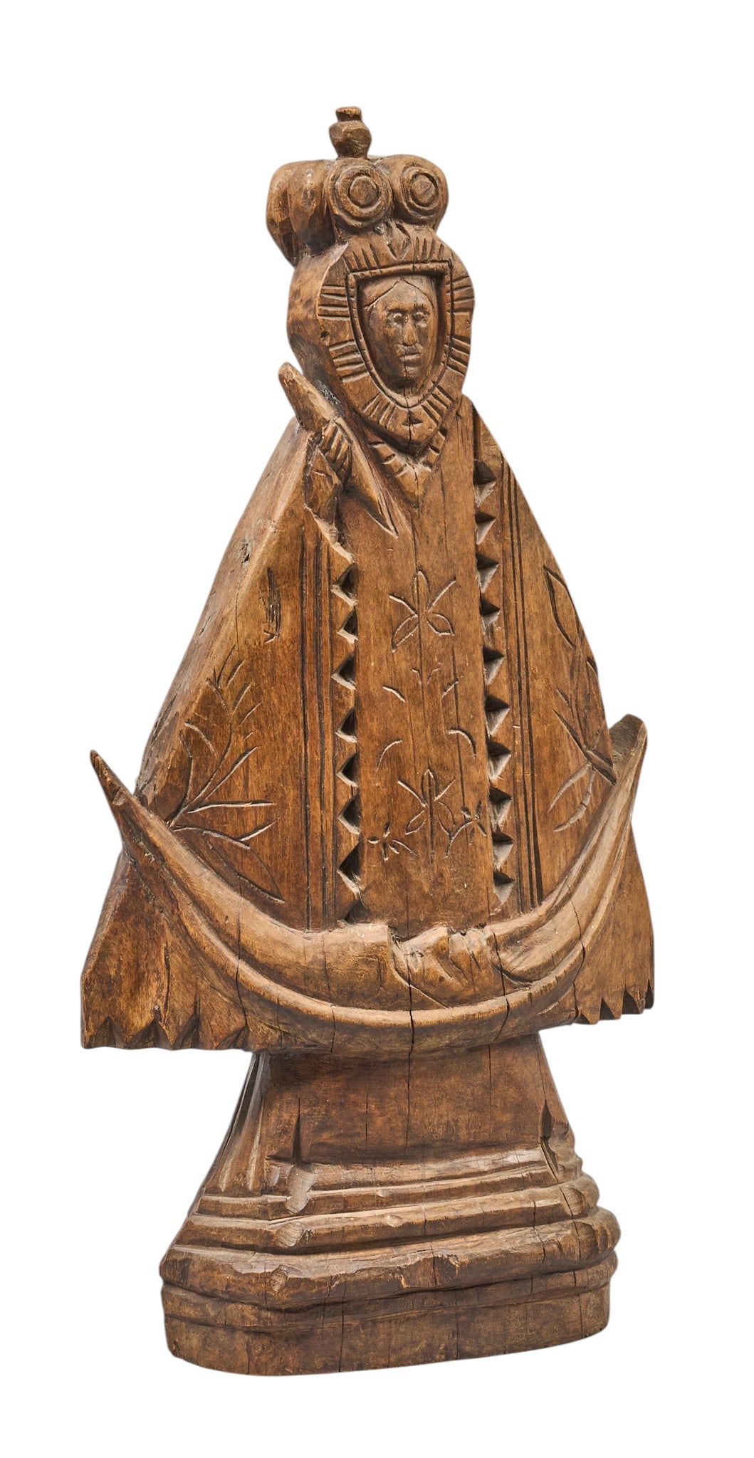 Red McCombs | Antique La Virgen de Guadalupe: Antique hand-carved wooden Mexican folk art La Virgen de Guadalupe, circa 18th century, includes institution placard height 20 in. x width 10 in. x depth 3 in. 