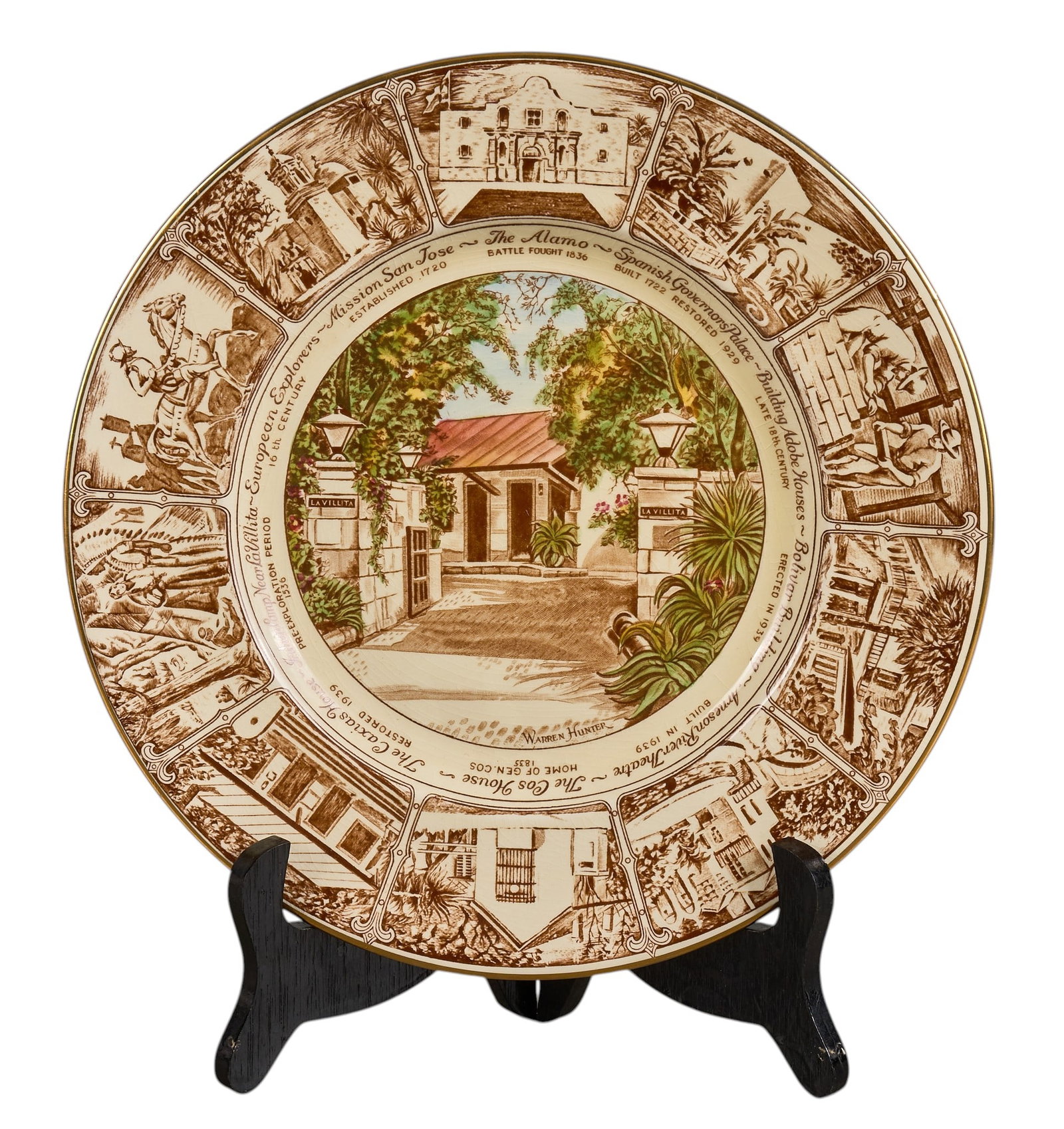Red McCombs | Staffordshire LaVillita Plate: English Royal Winton ceramic commemorative plate depicting La Villita, San Antonio, Texas, with a central view after a painting by Warren Hunter, surrounded by sepia vignettes illustrating historic Sa
