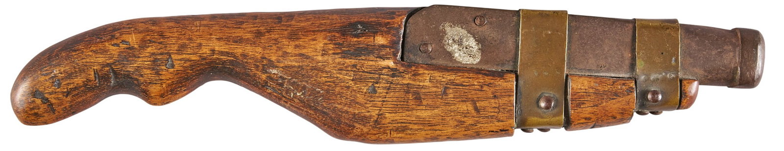 Red McCombs | Spanish or Portuguese Hand Cannon Found in South America: Spanish or Portuguese hand cannon purportedly found in South America w/ brass bands; likely 16th-17th century OAL: 9.25 in. Provenance: Property from the personal estate collection of iconic Tex