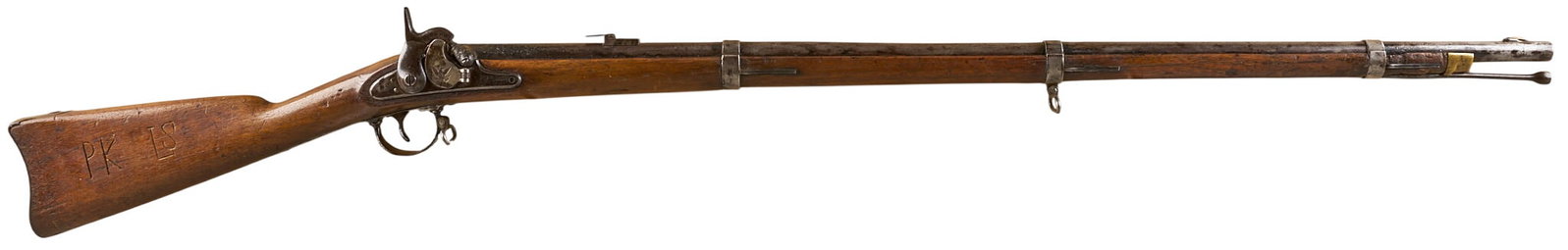Red McCombs | US Civil War Harpers Ferry M1855 Maynard Percussion Musket: Manufacturer: Harpers Ferry (c. 1857) Model: M1855 "Minie" rifle Caliber: 58 cal. Barrel Length: 40 in. OAL: 55.75 in. Condition: Good-antique; wood stock has moderate wear w/ some splitting