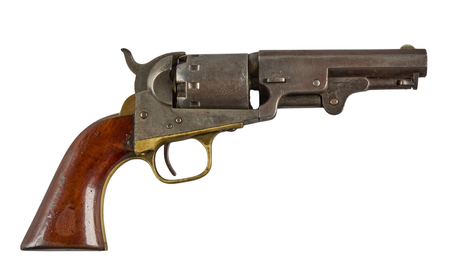 Red McCombs | Civil War Era Manhattan Fire Arms Co. Revolver W/ Beaded Holster: Serial: 15731 Manufacturer: Manhattan Fire Arms Co. (c. 1861-1864) Model: Series III Navy Caliber: 36 (approximate) Barrel Length: 4 in. OAL: 9 in. Condition: fair/good-antique; some pressure dents &a