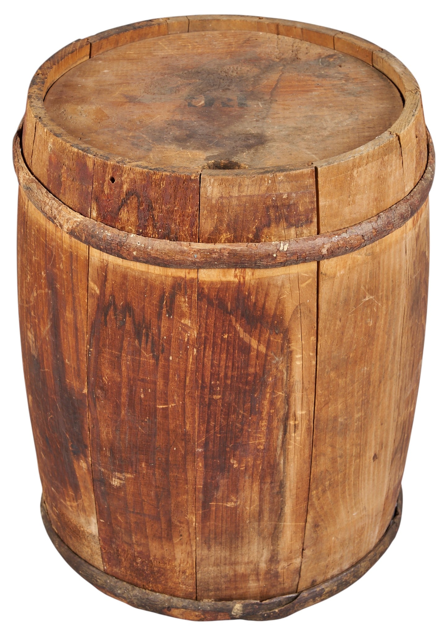 Red McCombs | Antique Civil War Period Powder Keg: Antique Civil War Period 25 lb powder keg for large grain gun powder, with wooden hoop binding, circa 1861-1865 height 13.5 in. x diameter 11 in. 