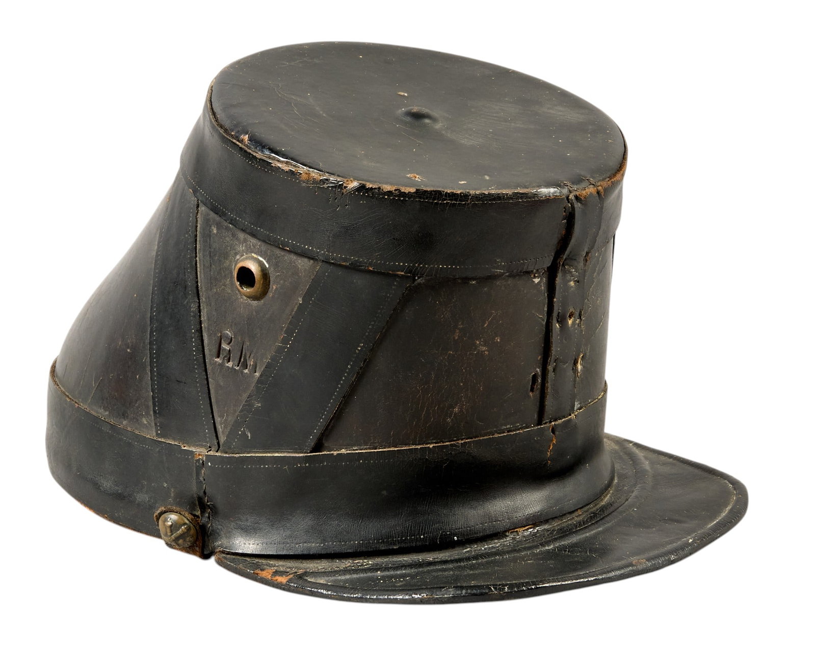 Red McCombs | Civil War Period Leather Kepi: Civil War Period leather kepi, circa 1850s, marked "RM" height 6 in. x width 7 in. x depth 10 in. Provenance: