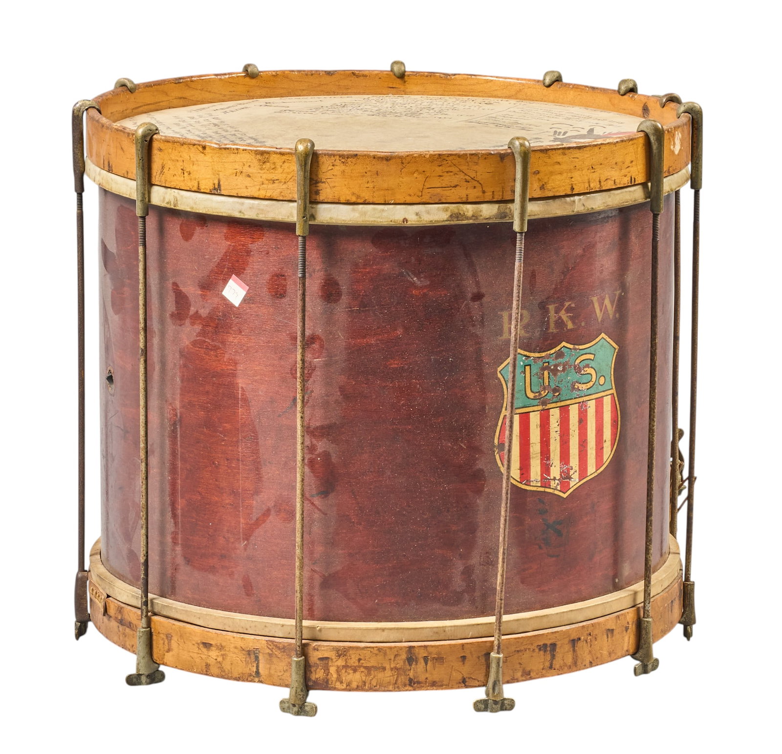Red McCombs | 103rd Field Artillery Band Drum: 103rd Field Artillery Band drum, features written experiences and timeline of Sgt. Roy K. Wentworth's military activity in World War I height 14 in. x width 16 in. x depth 16 in. 