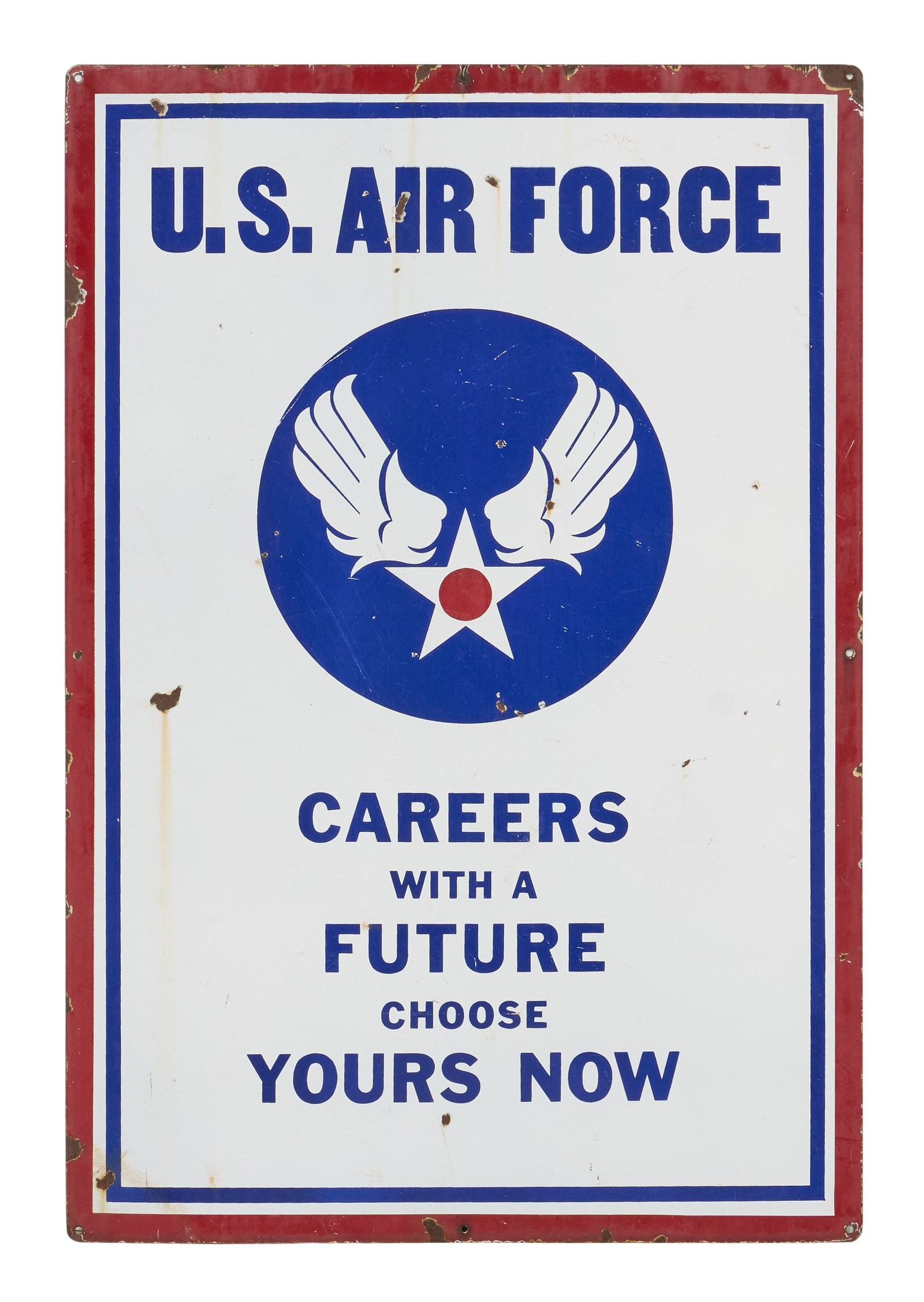 Red McCombs | Vintage Porcelain Metal Double Sided US Air Force & Army Recruitment Sign: Vintage double-sided porcelain on metal U.S. Air Force and U.S. Army recruiting sign, circa 1940s height 37.5 in. x width 19.5 in. Provenance: Property from the personal estate collection o