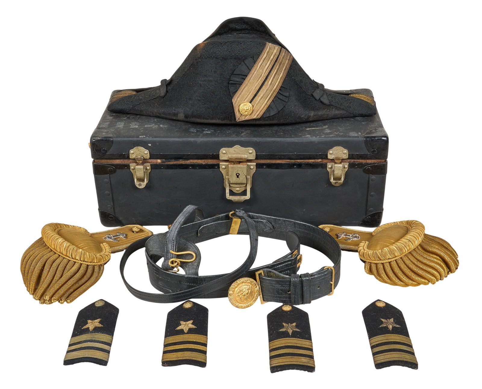 Red McCombs | Spanish-American World War I Naval Officer Accesories: Spanish-American World War I naval officers dress hat, belt, and epaulets with original case, makred "U.S.N.A. Store", made in France, circa early 20th century height 7 in. x width 19 