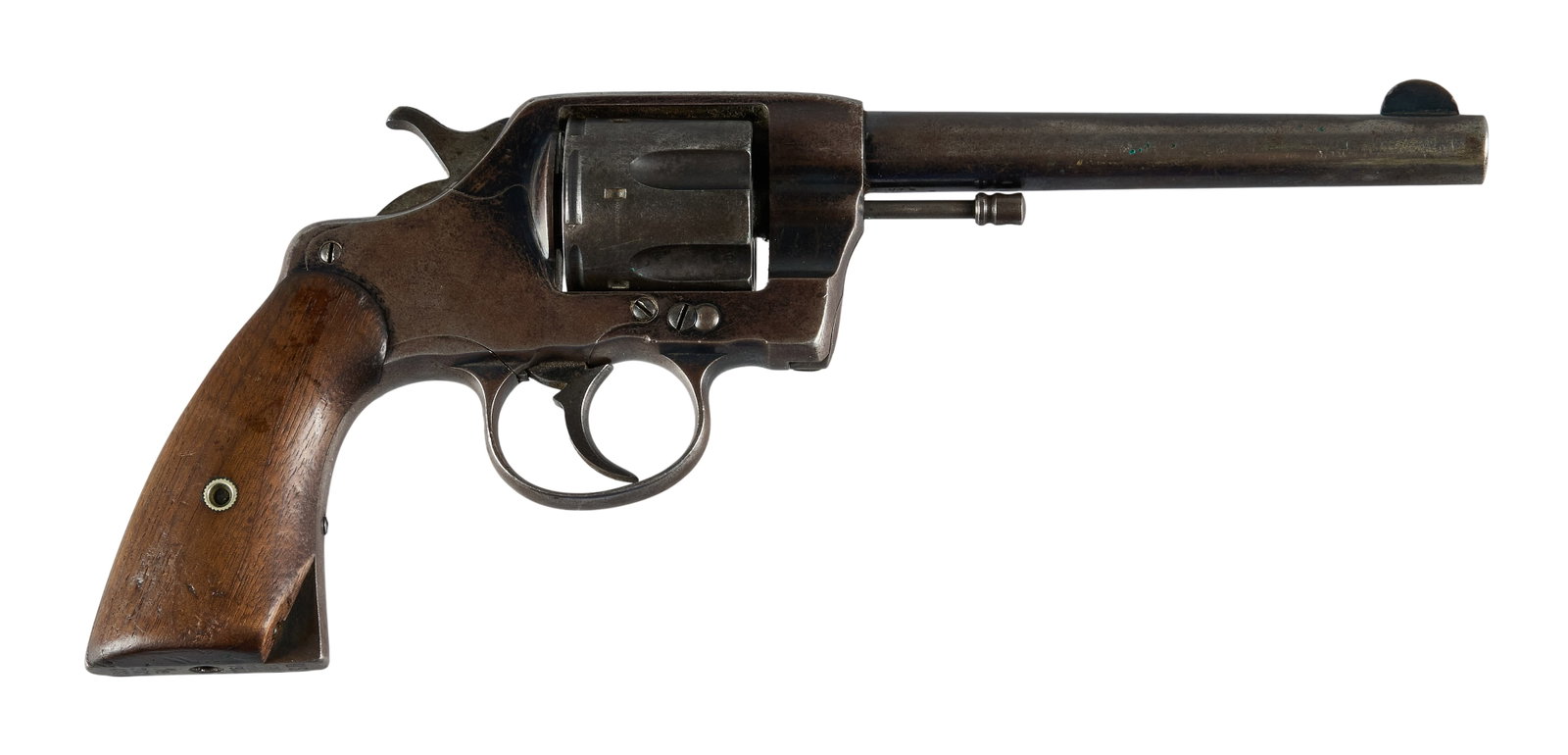 Red McCombs | US Army Colt 1903 38 Special Revolver W/ Holster: Serial: 203433 Manufacturer: Colt's P.T. F.A. Co. (c. 1903) Model: US Army Model 1903 Caliber: 38 Special Barrel Length: 6 in. OAL: 11 in. Condition: Fair; grips have pressure dents & scratche