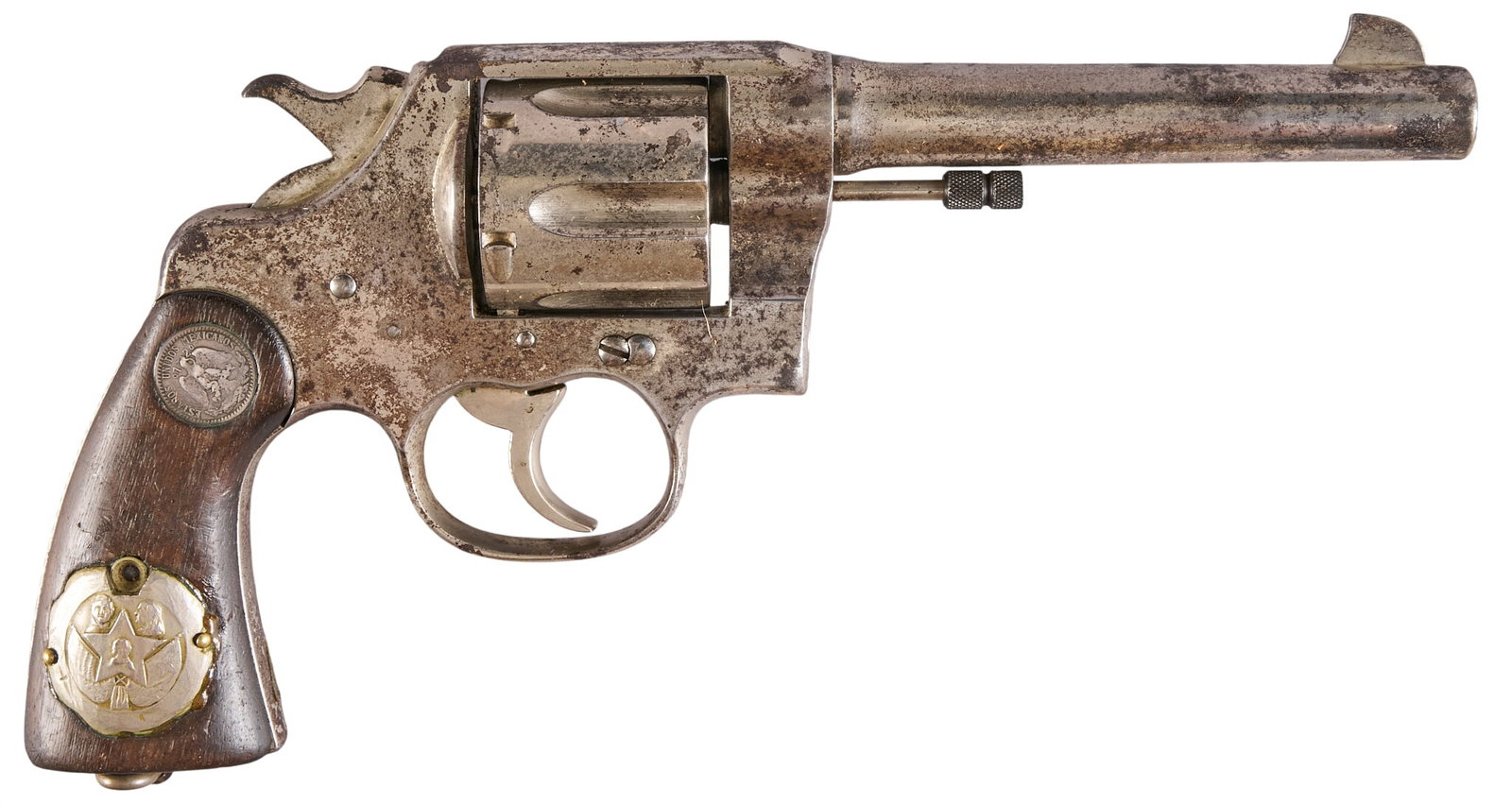 Red McCombs | Colt US Army Model 1917 45ACP DA Revolver: Serial: 295563 Manufacturer: Colt's PT. F.A. Mfg. Co. (c. 1920) Model: US Army Model 1917 Caliber: 45 ACP Barrel Length: 5.5 in. OAL: 10.5 in. Condition: Poor/fair; grips have scratches, pressure 