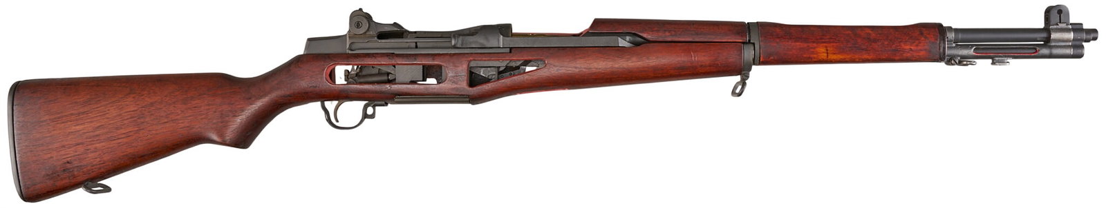 Red McCombs | Scale M1 Garand Cutaway Training Model Rifle: Serial: X1486 Manufacturer: USA Model: M1 Garand Cutaway Barrel Length: 24 in. OAL: 43.5 in. Condition: Very good; wood stock has mostly light wear w/ nice refinsh; some repaired breaks around the cut
