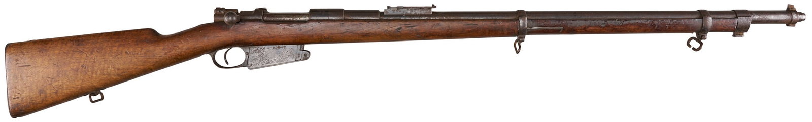 Red McCombs | Hopkins & Allen 1889 Mauser 7.65x53 Mauser Bolt Action Rifle: Serial: 3634B Manufacturer: Hopkins & Allen Arms Co. Model: 1889 Mauser Caliber: 7.65x53 Mauser Barrel Length: 31 in. OAL: 50.25 in. Condition: Poor/Fair; Pressure dents & scratches throughout