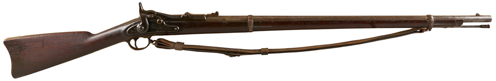 Red McCombs | US Springfield Model 1868 50-70 Trapdoor Rifle W/ Leather Sling: Serial: 34414 Manufacturer: Springfield (c. 1870) Model: M1868 Trapdoor Caliber: 50-70-450 Barrel Length: 32.5 in. OAL: 51.75 in. Condition: Good-antique; wood stock has wear & patina c