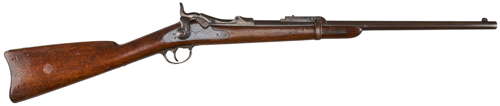 Red McCombs | Nice US Springfield Model 1873 Trapdoor Cavalry Carbine: Serial: 182616* Manufacturer: Springfield (c. 1882) Model: M1873 Trapdoor Cavalry Carbine Caliber: 45-70 Barrel Length: 22 in. OAL: 41 in. Condition: Very good-antique; wood stock has mostly ligh