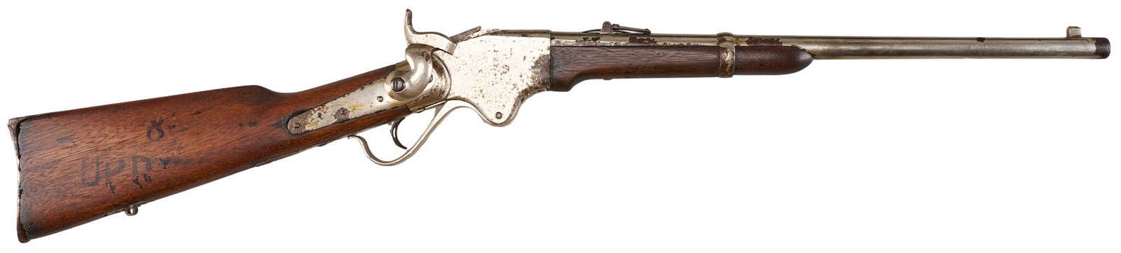 Red McCombs | Antique Nickel Spencer Model 1865 56-50 Carbine W/ Cartouche Mark: Serial: 92244 or 82244 Manufacturer: Spencer Repeating Rifle Co. (c. 1865-1866) Model: 1865 Carbine Caliber: 56-50 Barrel Length: 20 in. OAL: 37.25 in. Condition: Good-antique; wood stock has been san