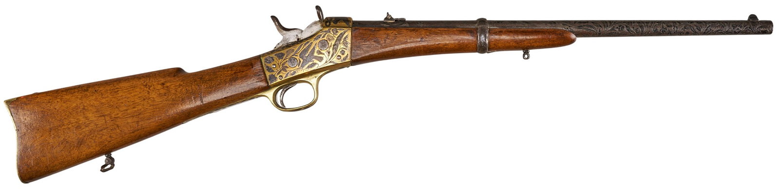 Red McCombs | Mexican Balderrama Amozoc Silver Inlaid & Engraved Rolling Black Carbine Signed Rafael: Manufacturer: Balderrama-Amozoc, Mexico (late 19th c.) Model: Remington rolliong block copy Caliber: 43 Spanish Barrel Length: 20 in. OAL: 34.5 in. Condition: Good-antique; wood stock & forend hav