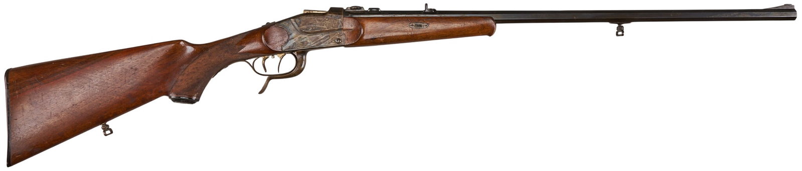Red McCombs | Custom Triebel & Greifelt 8.15x46R "Crossover Stock" Falling Block Rifle: Serial: 36728 Manufacturer: Greifelt & Co.-Suhl, Germany / H. Triebel-Ausburg, Germany Model: custom falling block Caliber: 8.15x46R Barrel Length: 27.25 in. OAL: 44.25 in. Condition: Very good; w