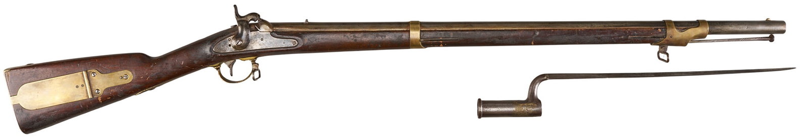 Red McCombs | US Robins & Lawrence Model 1841 Percussion Musket W/ Bayonet: Manufacturer: Robbins & Lawrence (c. 1852) Model: M1841 musket Caliber: 64 cal. Barrel Length: 32 in. OAL: 48.5 in. Condition: Good-antqiue; wood stock has moderate wear w/ dark patina; barrel has
