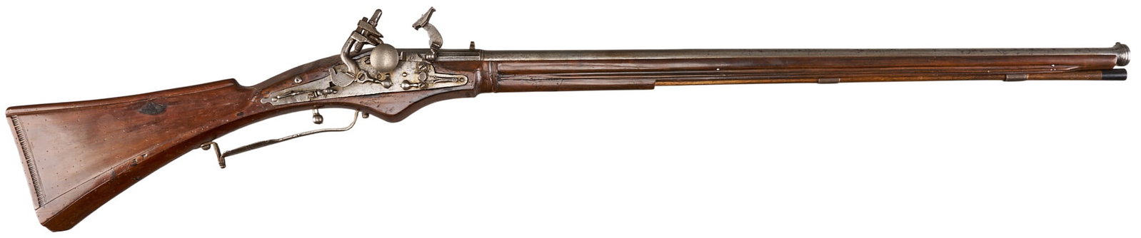 Red McCombs | Antique French-Style Snaphaunce Musket: Manufacturer: unknown (maybe French) Model: Miquelet lock musket Caliber: 54 cal. Barrel Length: 29 in. OAL: 44.5 in. Condition: Good-antique; stock has been repaired & restored; severeal splits h