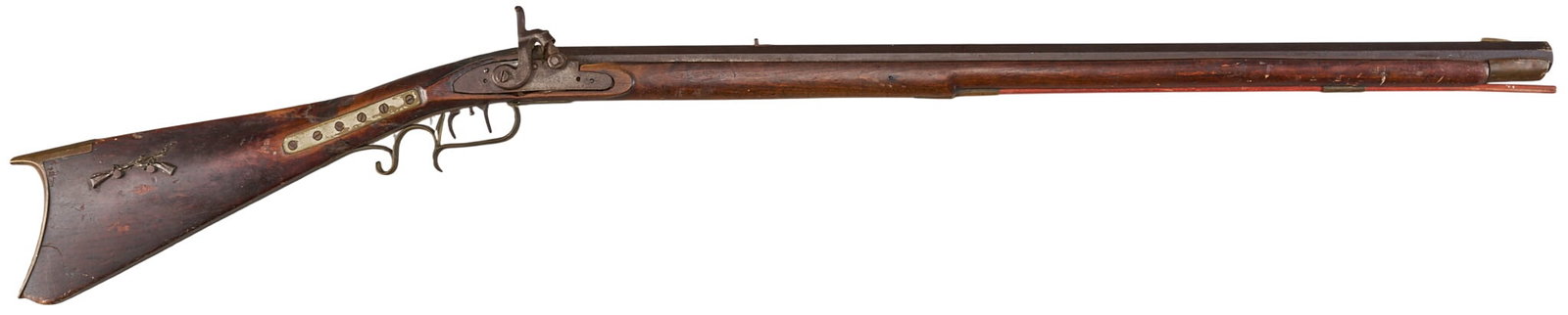 Red McCombs | Antique Youth Percussion Hunting Rifle & Gear W/ Joseph Golcher Lock: Manufacturer: Unknown / Joseph Golcher lock (c. mid 19th c.) Model: youth percussion rifle Caliber: 31 cal. Barrel Length: 29 in. OAL: 45 in. Condition: Fair-antique; wood stock is worn w/ several rep