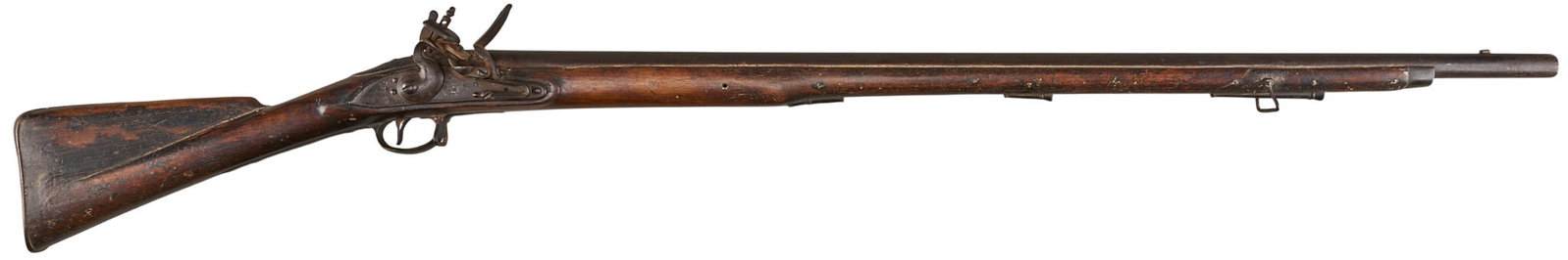 Red McCombs | British Tower Third Model "Brown Bess" Flintlock Musket: Manufacturer: Tower-England (c. early 19th c.) Model: Third Model "Brown Bess" flintlock musket Caliber: approx. 76 cal. Barrel Length: 39 in. OAL: 55 in. Condition: Fair-antique; wood stock