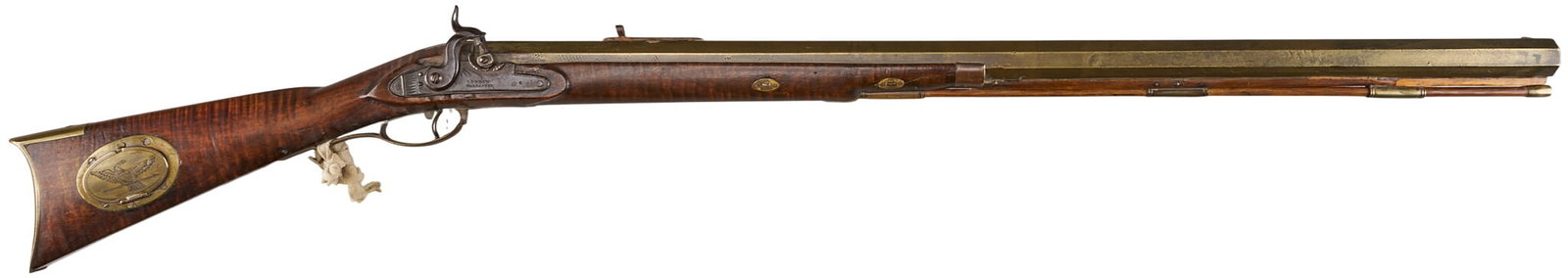 Red McCombs | Heavy Brass Coated Barrel Percussion Musket W/ American Eagle Patch Box: Manufacturer: unknown / London lockplate (c. mid 19th c.) Model: half-stock percussion musket Caliber: 45 cal. Barrel Length: 34 in. OAL: 49 in. Condition: Good-antique; wood stock has mostly light-mo