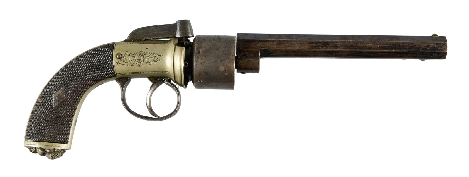 Red McCombs | Engraved German Silver English Improved Revolver W/ Bayonet: Model: Improved Revolver Caliber: 36 OAL: 12 in. Condition: Very good-antique; wood grips have crisp checkering with dark patina; barrel retains approximately 50% of bluing with brown patina & rus