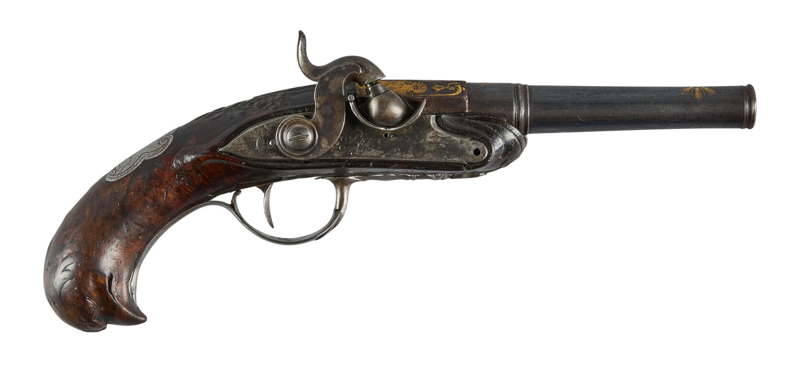 Red McCombs | Cased French Pierre Pairet Gold Inlaid Percussion Pistol W/ Accoutrements: Manufacturer: Pierre Pairet-France (c. 19th c.) Model: percussion pistol Caliber: 45 cal. Barrel Length: 5 in. OAL: 10.25 in. Condition: Very good-antique; wood stock has moderate wear w/ dark patina;